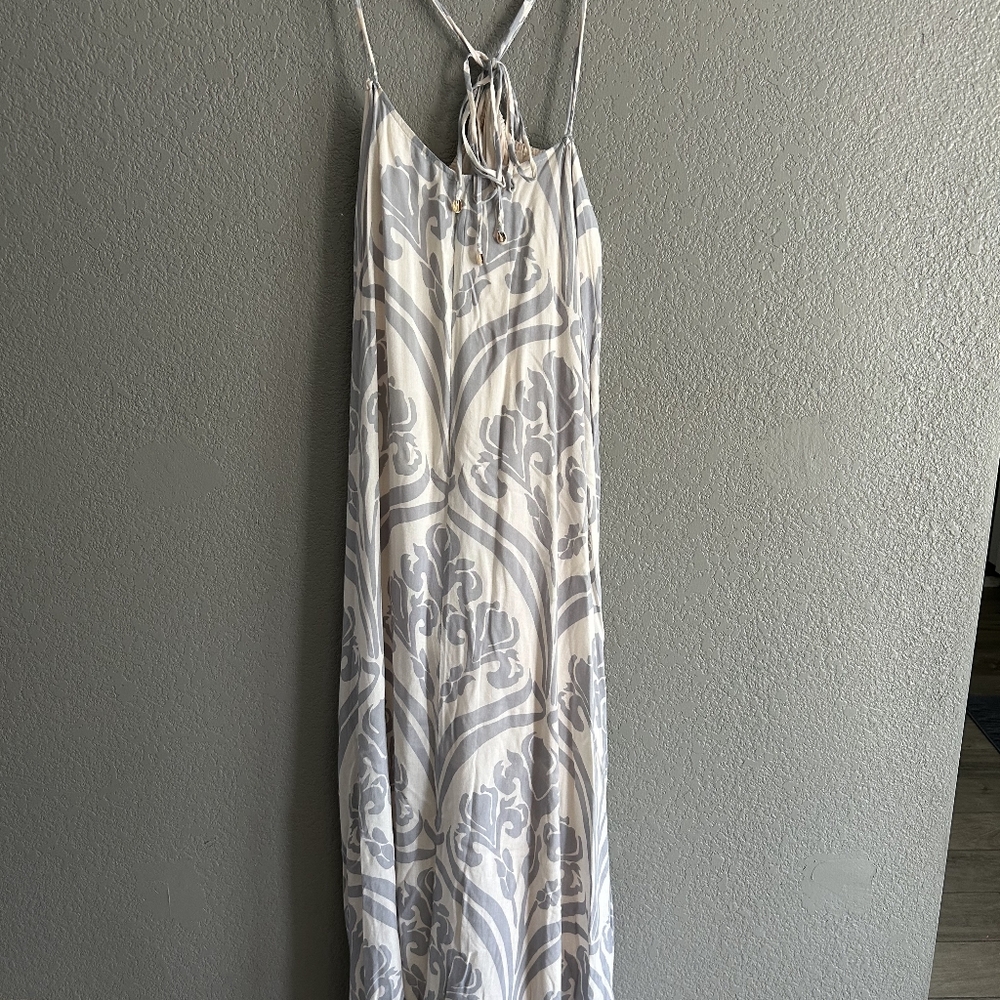 Indah Grey White Maxi Medium Dress Boho Indie Beach Sundress Cotton Size: Medium